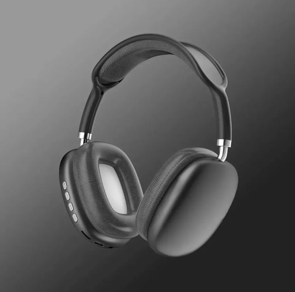 Wireless Bluetooth over-ear headphones, sleek black design, ergonomic fit, featuring noise cancellation and soft cushions.