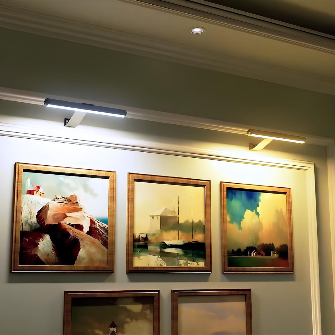 Wireless dimmable LED art light, rechargeable for versatile accent and display lighting.