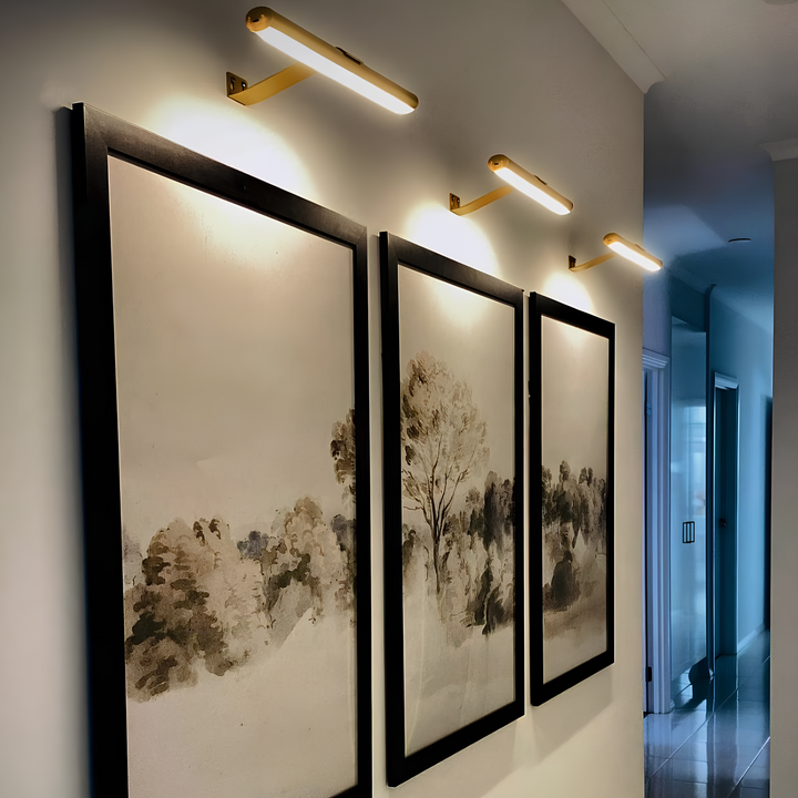 Modern wireless LED spotlight for art display lighting. Dimmable, highlights paintings & collectibles.