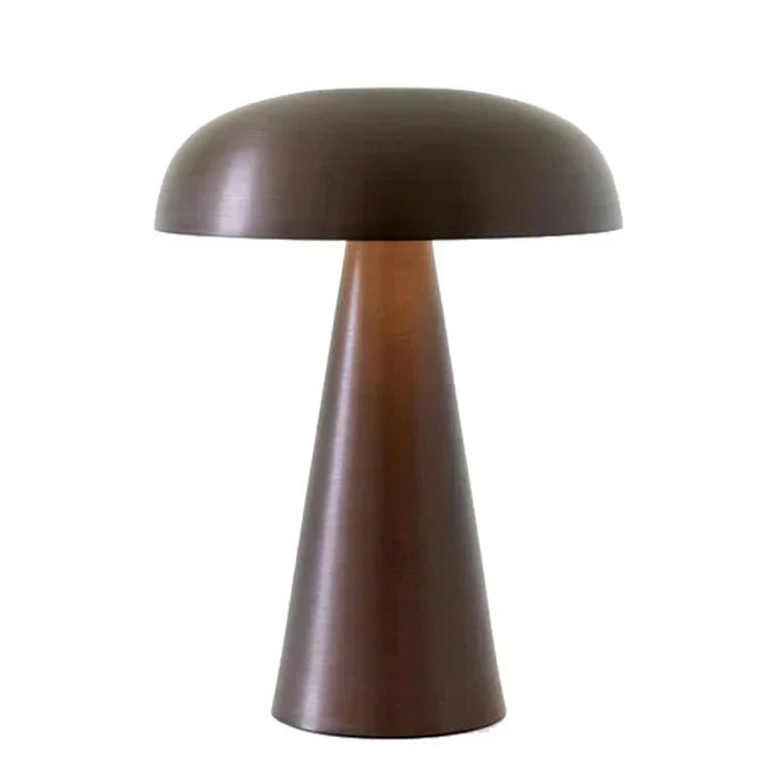 Bronze-toned dimmable LED mushroom lamp, portable & rechargeable, for sophisticated ambient lighting.