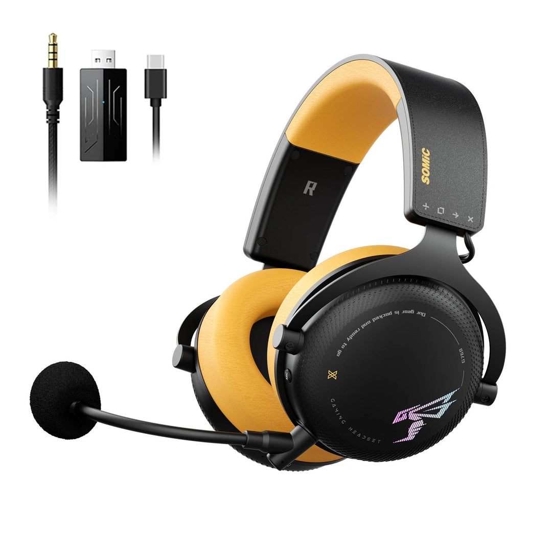 Wireless gaming headset with detachable mic, RGB lights, over-ear design, and multi-platform connectivity for immersive play.