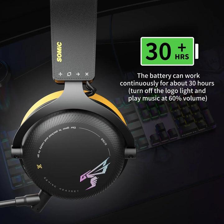 Wireless gaming headset with detachable mic, RGB lights, over-ear design, and multi-platform connectivity for immersive play.