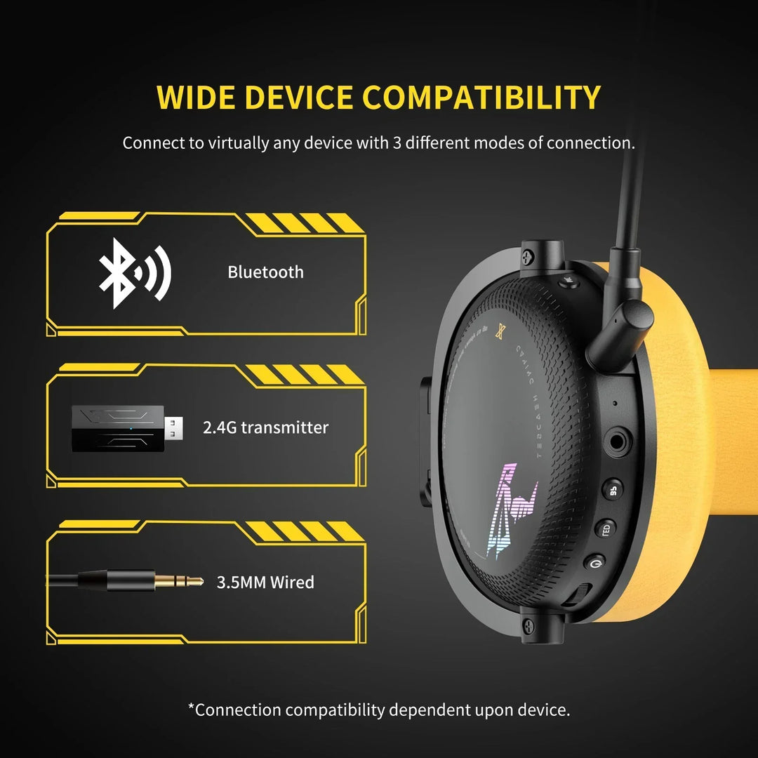 Wireless gaming headset with detachable mic, RGB lights, over-ear design, and multi-platform connectivity for immersive play.