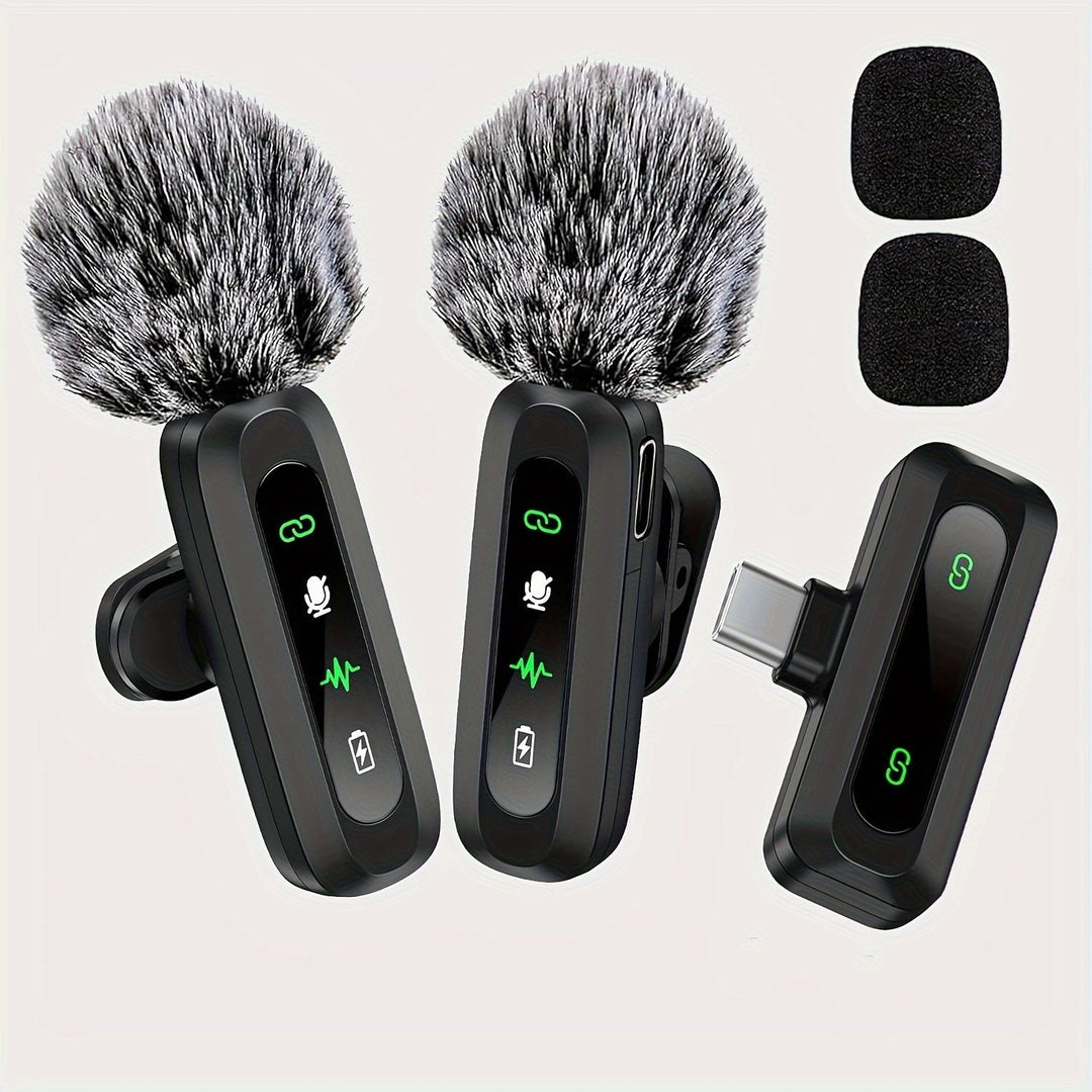 USB-C/iPhone compatible wireless lavalier microphone for smartphones & tablets. High-quality audio.