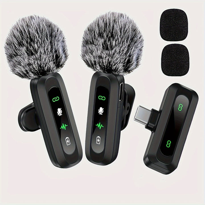 USB-C/iPhone compatible wireless lavalier microphone for smartphones & tablets. High-quality audio.
