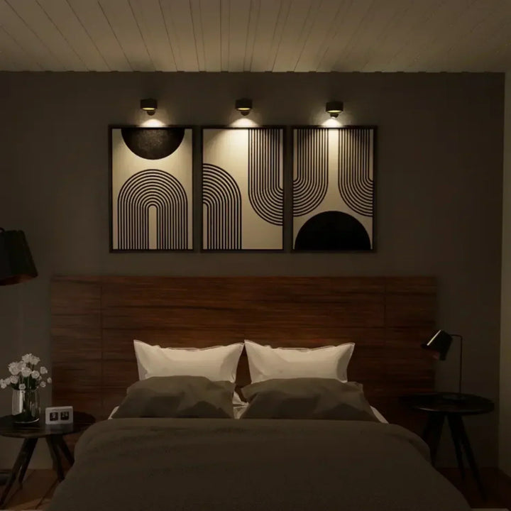 Wireless LED wall light, stick-on, black and white, cordless, for indoor and outdoor use, emits warm white glow, energy-effic