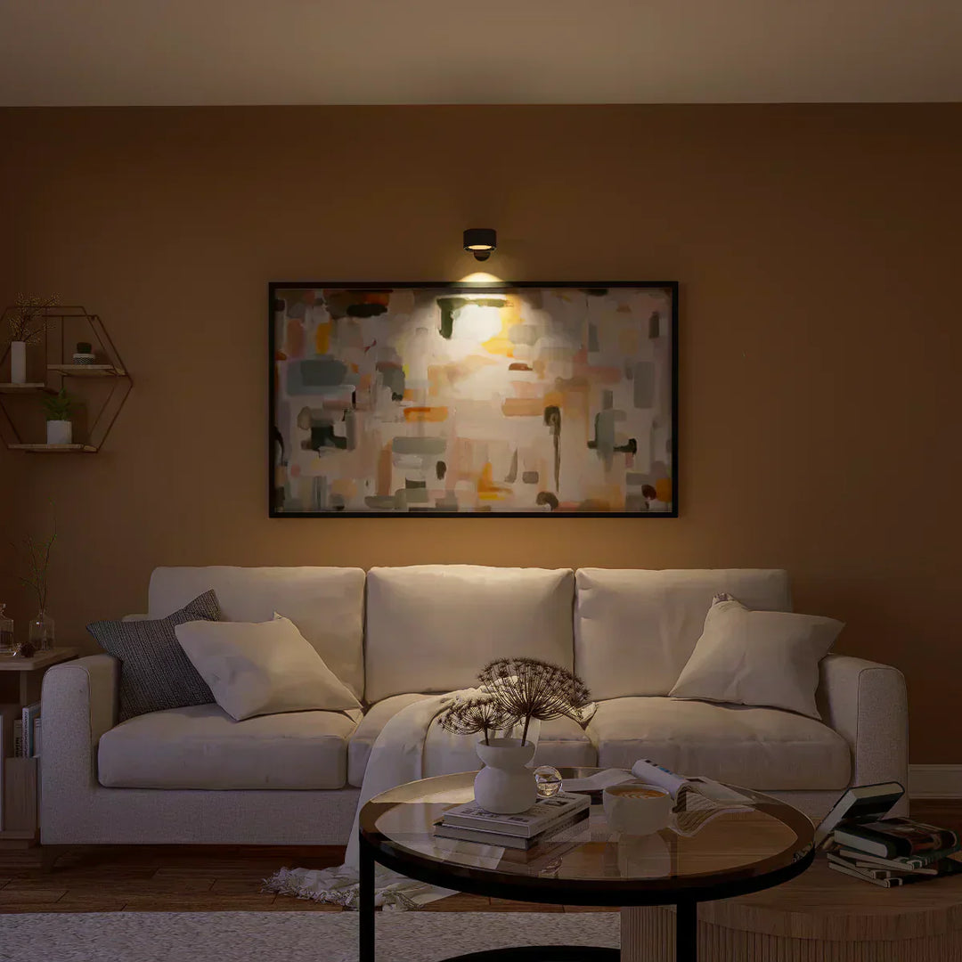 Wireless LED wall light, stick-on, black and white, cordless, for indoor and outdoor use, emits warm white glow, energy-effic