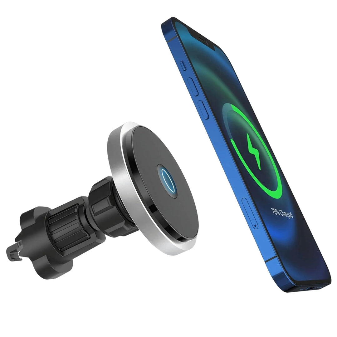 "Wireless MagSafe car charger and phone mount for iPhone, sleek design, strong magnetic hold, seamless interior fit."