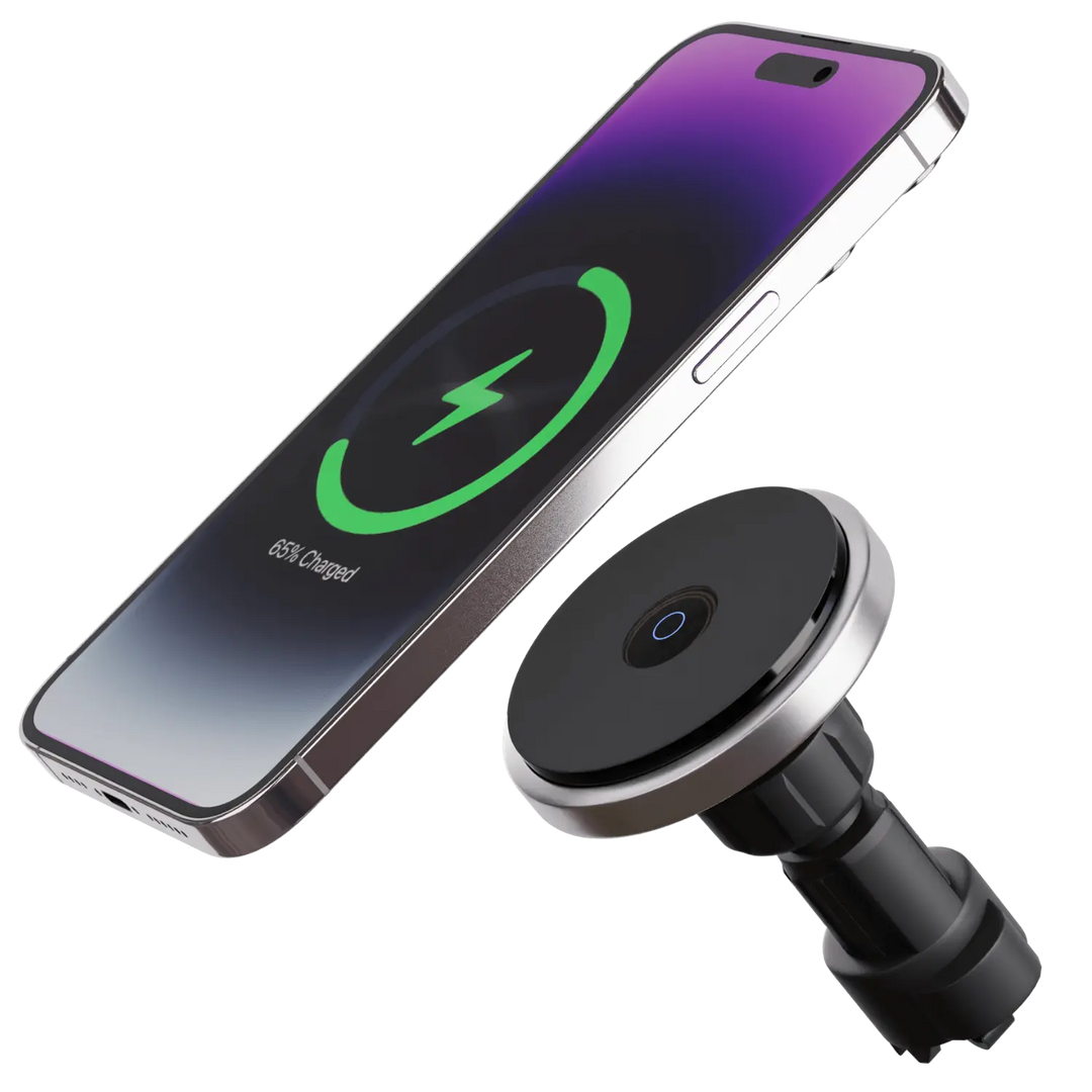 "Wireless MagSafe car charger and phone mount for iPhone, sleek design, strong magnetic hold, seamless interior fit."