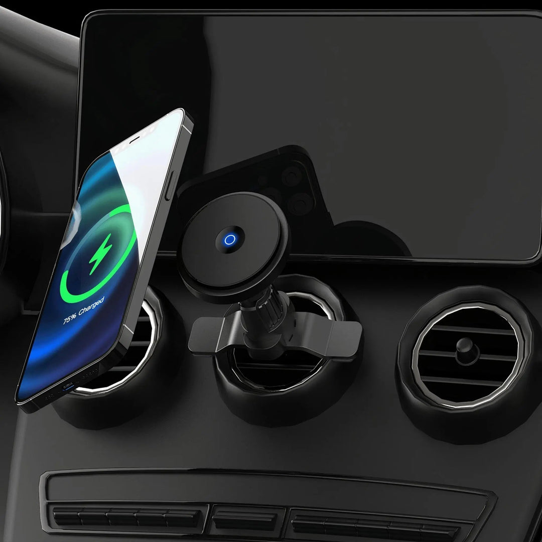 "Wireless MagSafe car charger and phone mount for iPhone, sleek design, strong magnetic hold, seamless interior fit."