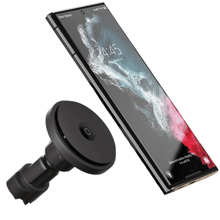 "Wireless MagSafe car charger and phone mount for iPhone, sleek design, strong magnetic hold, seamless interior fit."