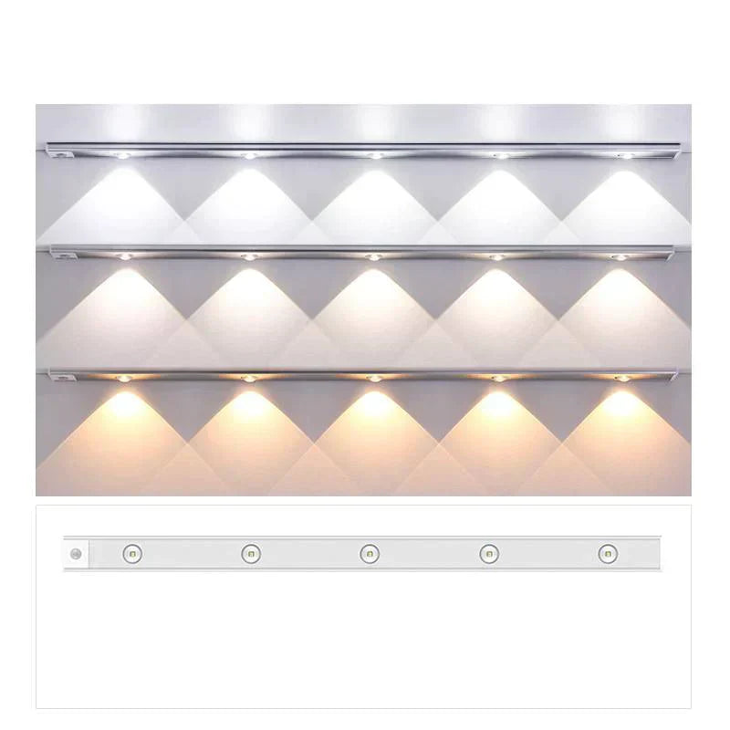 Wireless motion sensor LED cabinet light for modern homes, rechargeable, ideal for kitchens & closets.