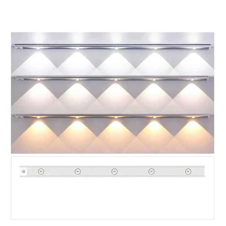 Wireless motion sensor LED cabinet light for modern homes, rechargeable, ideal for kitchens & closets.