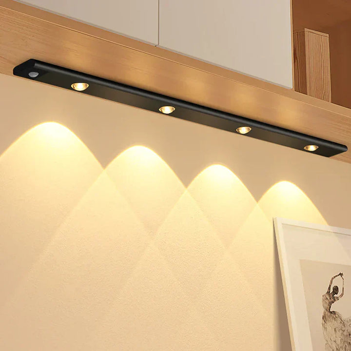 Modern motion sensor LED light, wireless & rechargeable. Ideal under cabinet lighting for kitchen, closet, home decor.