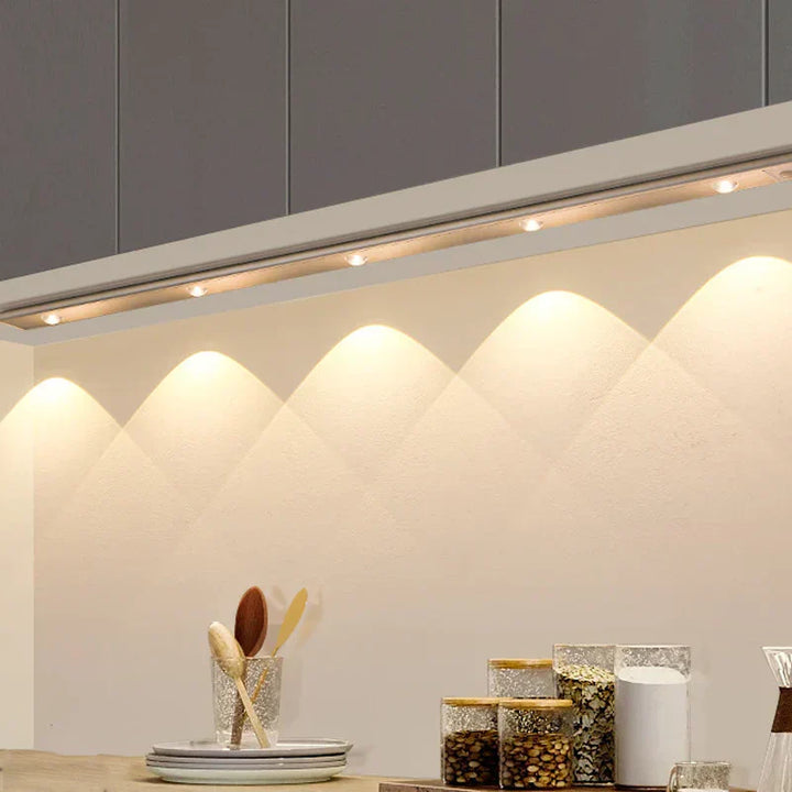 Smart wireless LED motion sensor light for cabinets. Rechargeable & easy to install for kitchen & home decor.