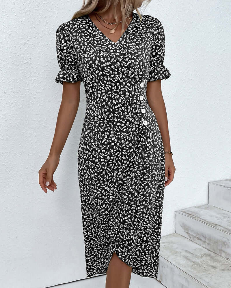 "Woman wearing elegant button-front dress in assorted colors with a flattering silhouette and classic style."