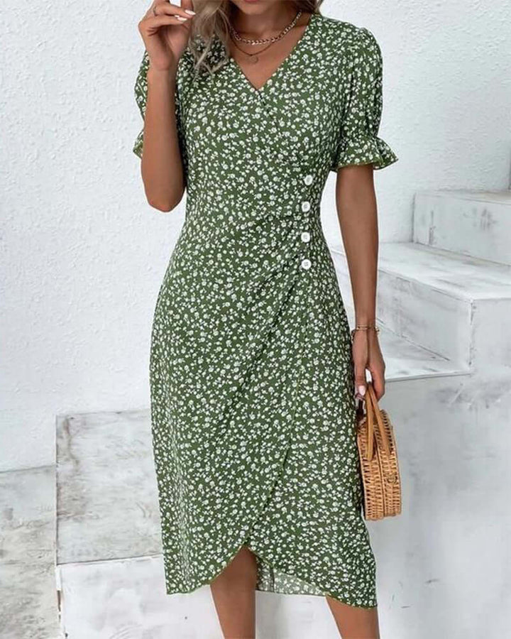 "Woman wearing elegant button-front dress in assorted colors with a flattering silhouette and classic style."