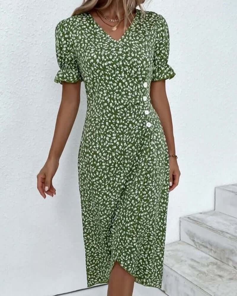 "Woman wearing elegant button-front dress in assorted colors with a flattering silhouette and classic style."