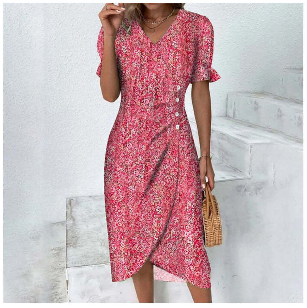"Woman wearing elegant button-front dress in assorted colors with a flattering silhouette and classic style."