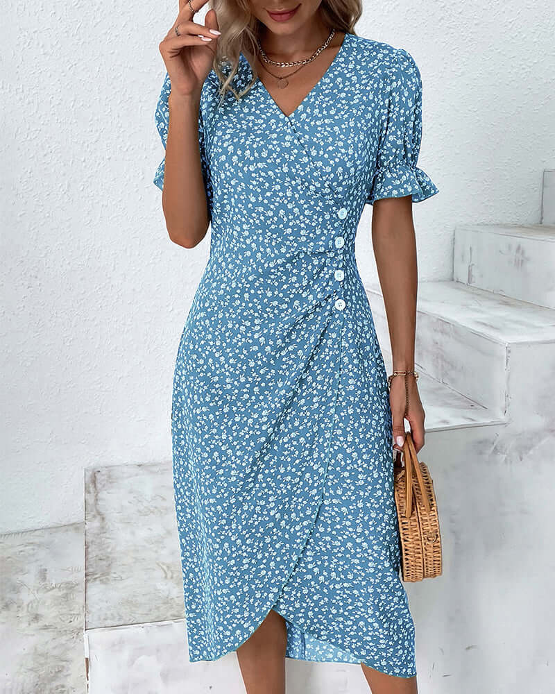 "Woman wearing elegant button-front dress in assorted colors with a flattering silhouette and classic style."