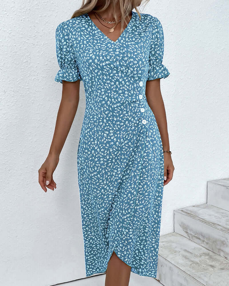 "Woman wearing elegant button-front dress in assorted colors with a flattering silhouette and classic style."