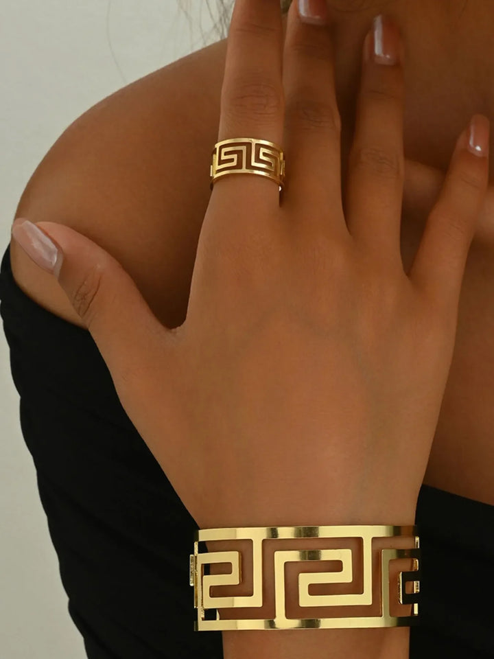 Women's 18K gold-plated geometric bracelet & matching statement ring set. Elegant, bold fashion jewelry.