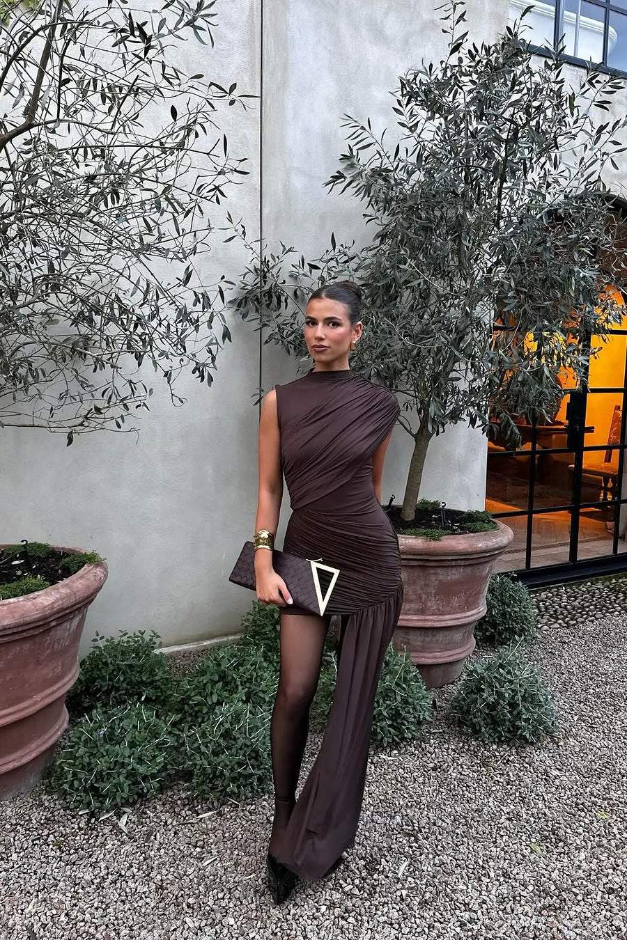 Wedding guest chocolate brown mini dress, women's asymmetric ruched design. Perfect for evening, cocktail, or formal parties.