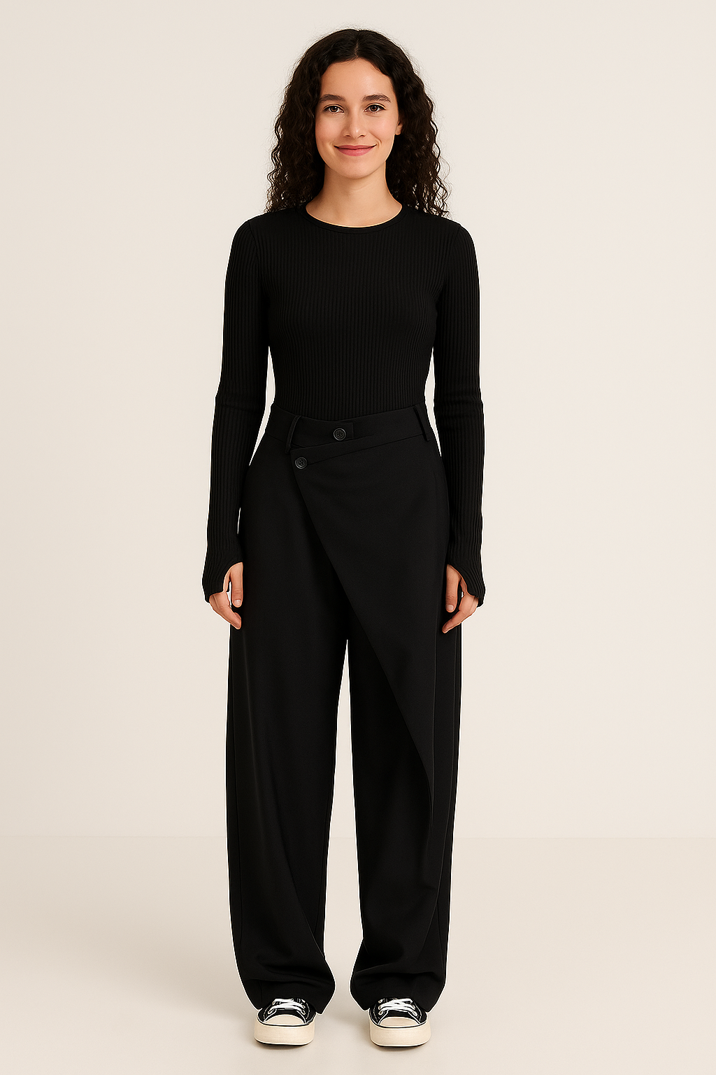 Women's asymmetrical relaxed fit trousers, modern style, perfect for casual elegance.