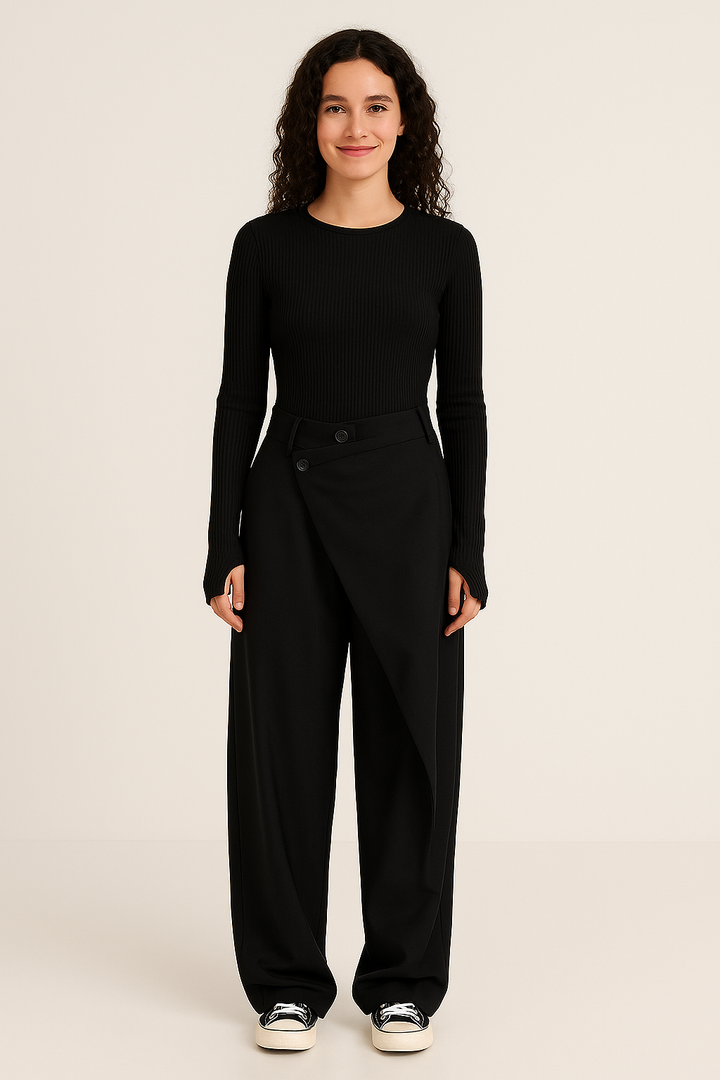 Women's asymmetrical relaxed fit trousers, modern style, perfect for casual elegance.
