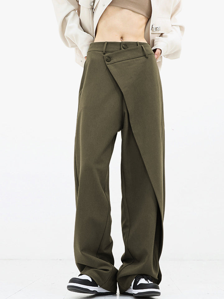 Flowing silhouette women's asymmetrical pants, relaxed fit for modern style and effortless elegance.