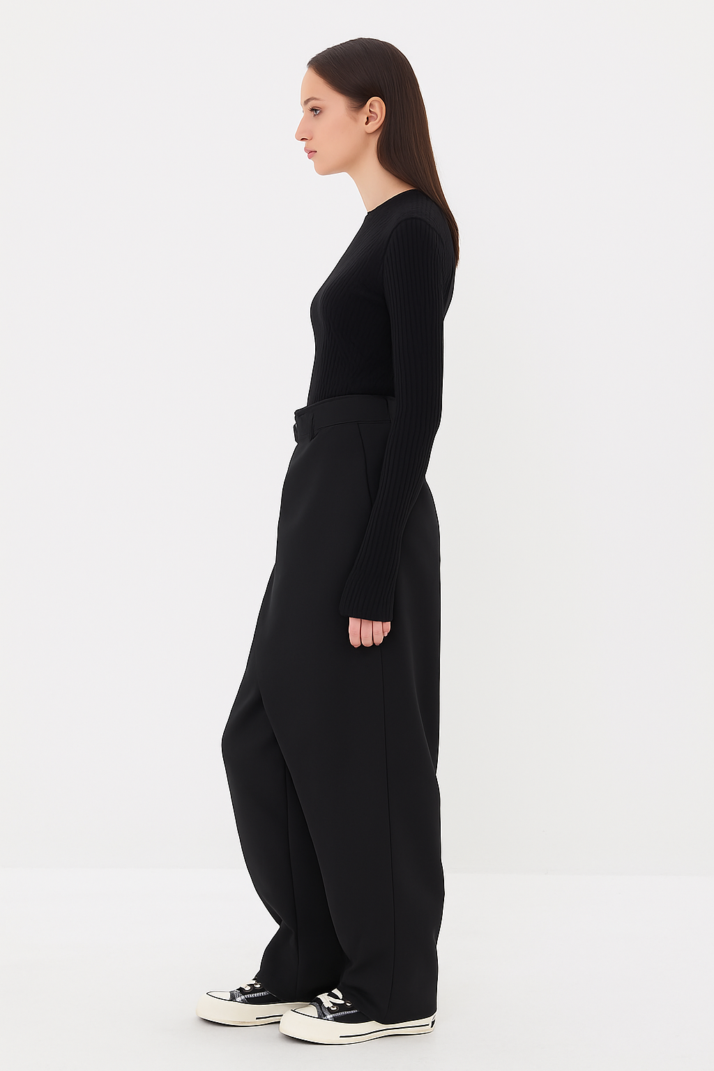 Sculptural women's asymmetrical pants, ideal for modern workwear or sophisticated casual outfits.
