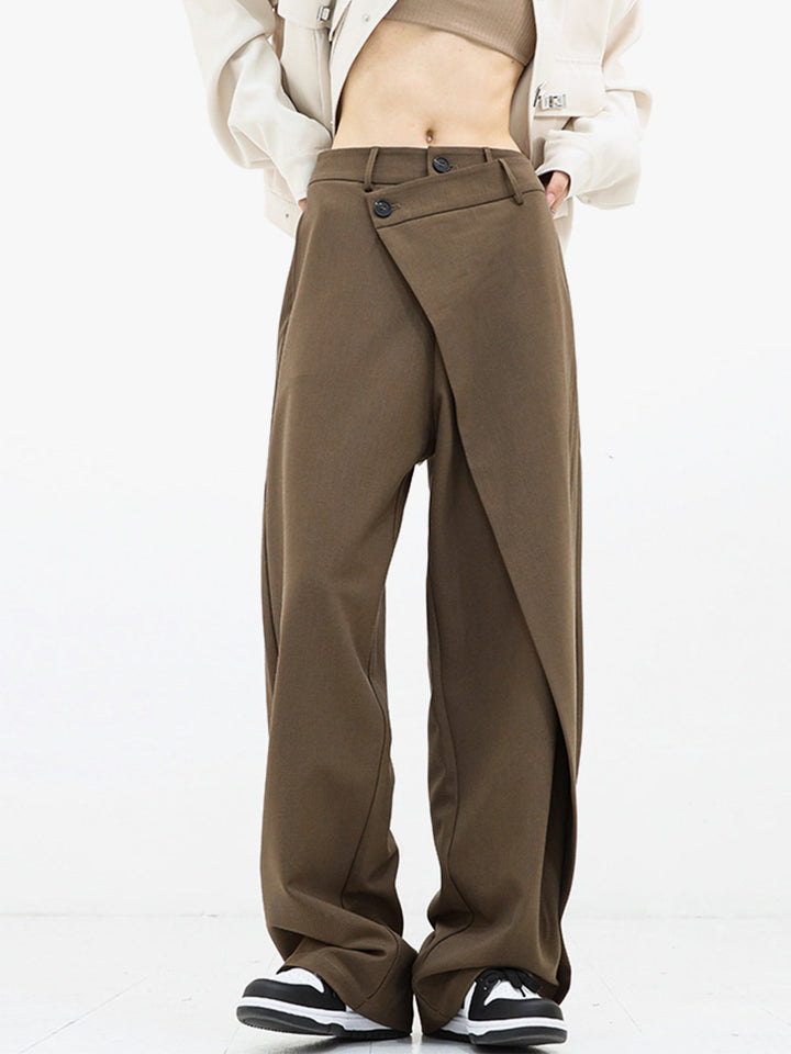 Modern chic women's asymmetrical trousers, relaxed fit for a comfortable, stylish statement.
