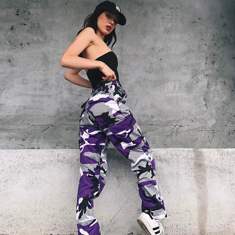 Trendy women's camo cargo pants featuring a relaxed, baggy fit and stylish ankle cuffs for urban fashion.