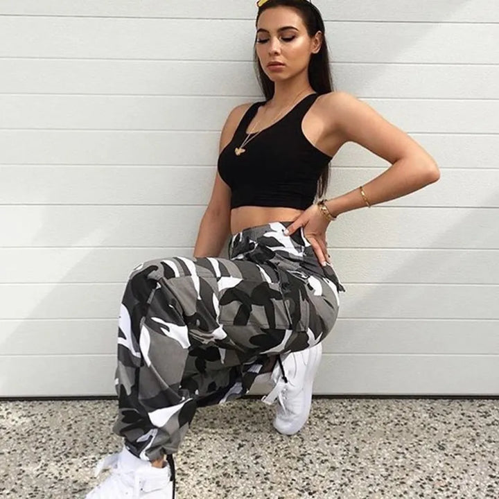 Comfortable women's fashion joggers, camo print baggy cargo pants with adjustable ankle cuffs for a relaxed fit.