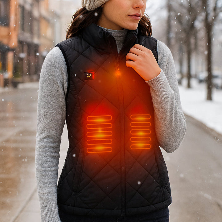 Women's black heated vest, providing electric warmth for outdoor winter adventures & cold weather layering.