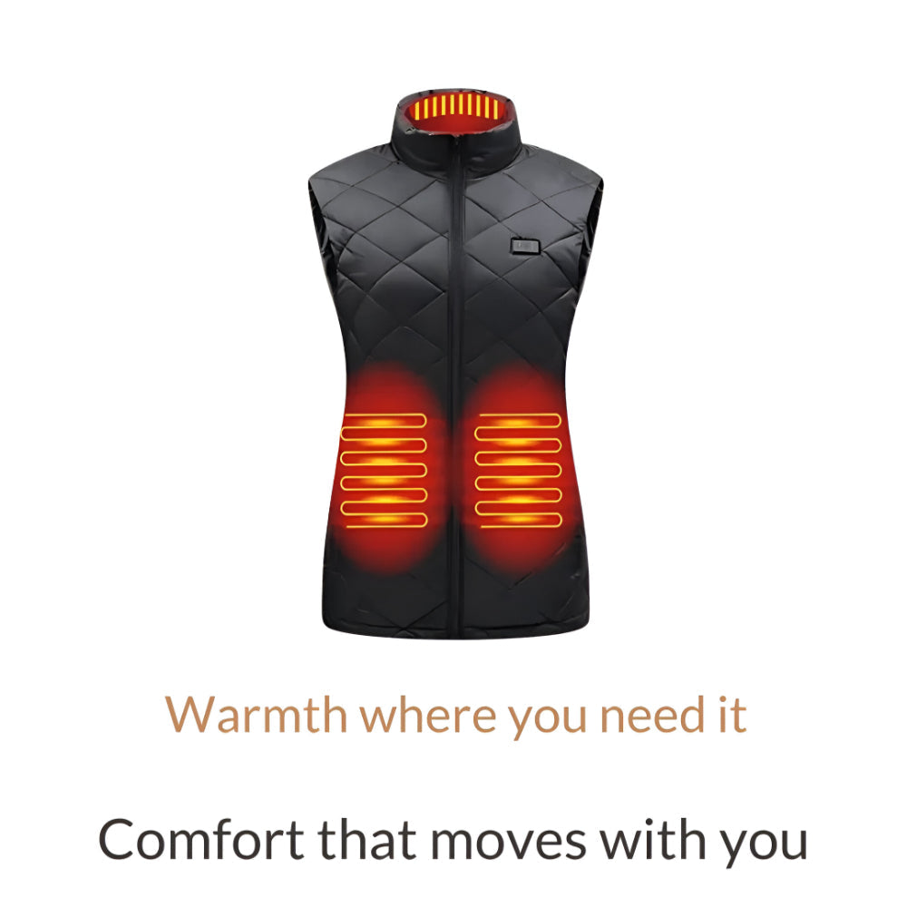 Woman in a heated vest, staying warm with electric heat during a brisk winter walk or adventure.