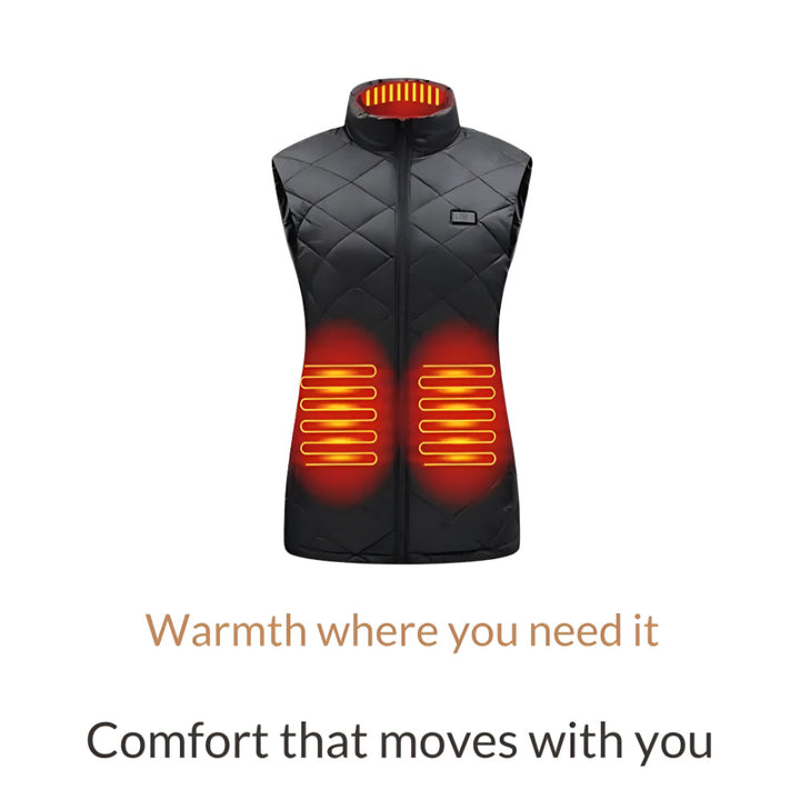 Woman in a heated vest, staying warm with electric heat during a brisk winter walk or adventure.