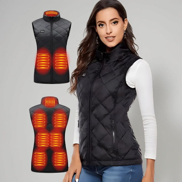 USB-powered electric gilet for women, designed for core warmth during winter sports and outdoor gear.