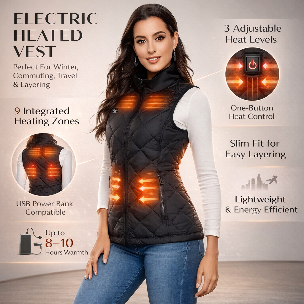Front view of a women's heated vest, perfect for cold weather layering and ultimate winter warmth.