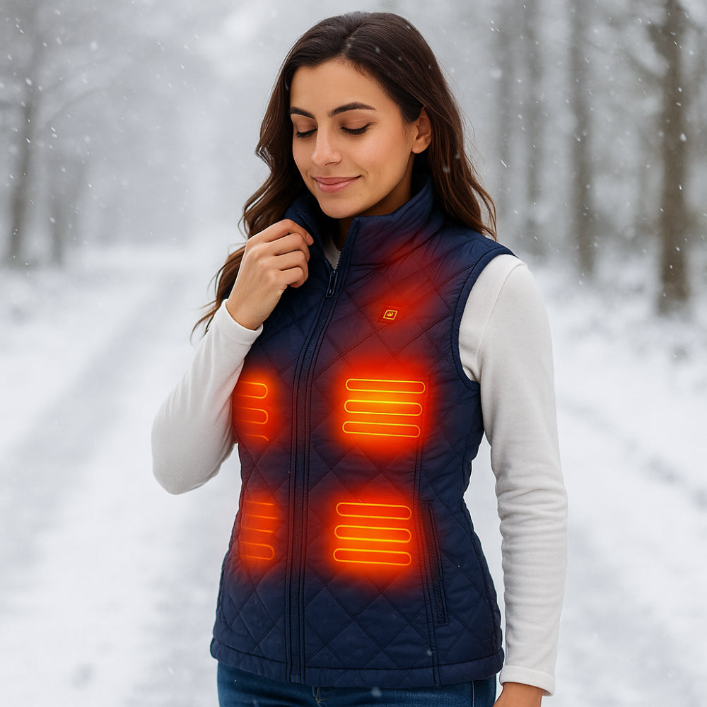 Sleek women's heated clothing with adjustable electric warmth, ideal for hiking and outdoor gear.