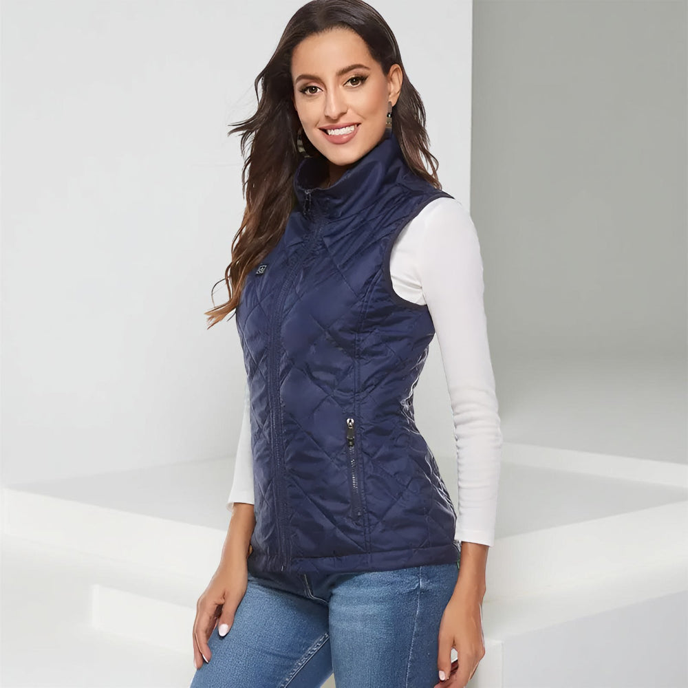 Close-up of the control button on a women's heated vest, showcasing easy electric warmth adjustment.