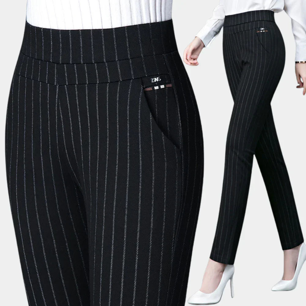 Women's black high-waisted stretch trousers, comfortable for everyday wear with an elastic waist design.