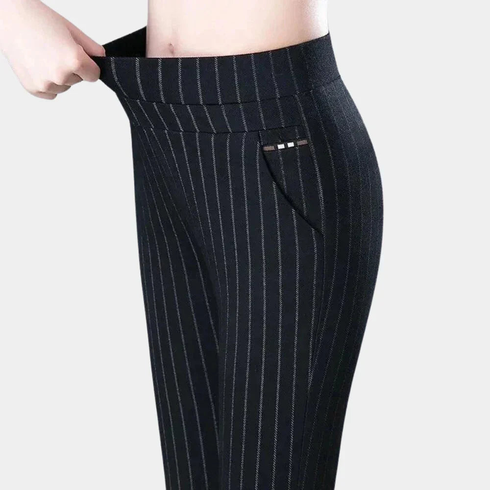 Stylish women's striped high-waisted stretch pants, versatile for casual or everyday outfits, offering comfort.