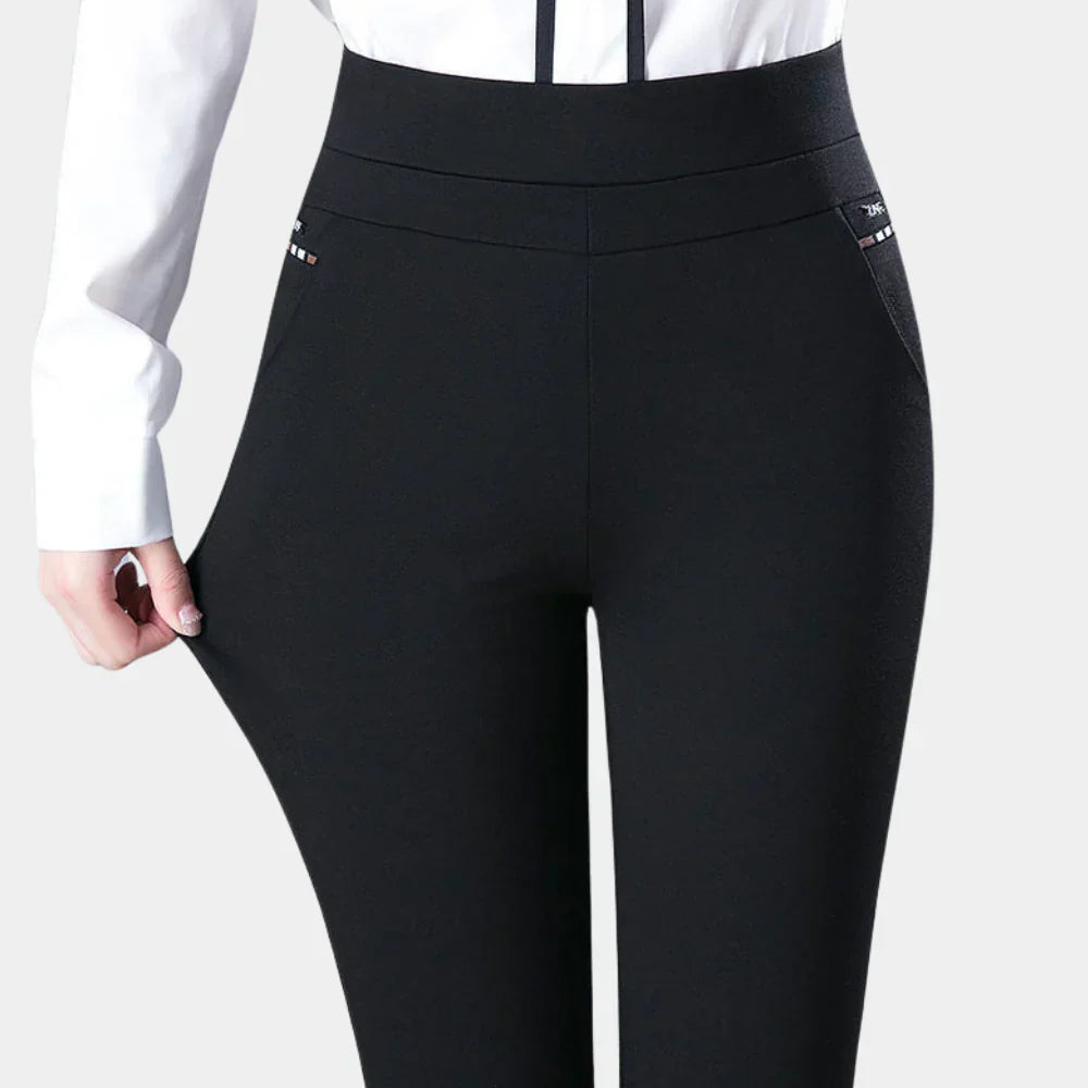 Comfortable women's high-waisted stretch pants in black, designed for a flattering fit and all-day wear.
