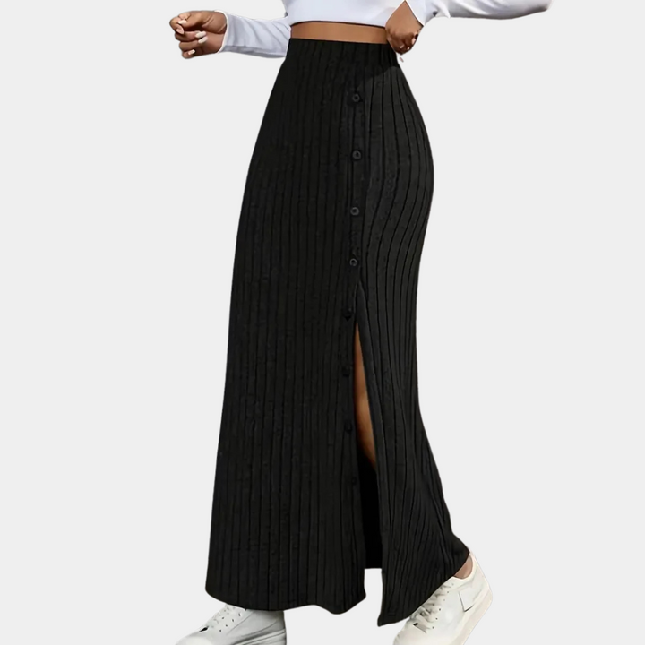 Versatile women's long fitted maxi skirt with a chic side slit and button accents for casual or formal looks.