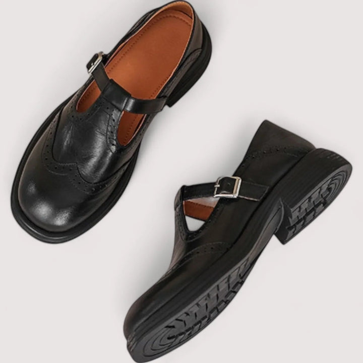 Brown women's Mary Jane orthopedic shoes, offering ergonomic arch support for comfortable daily wear.