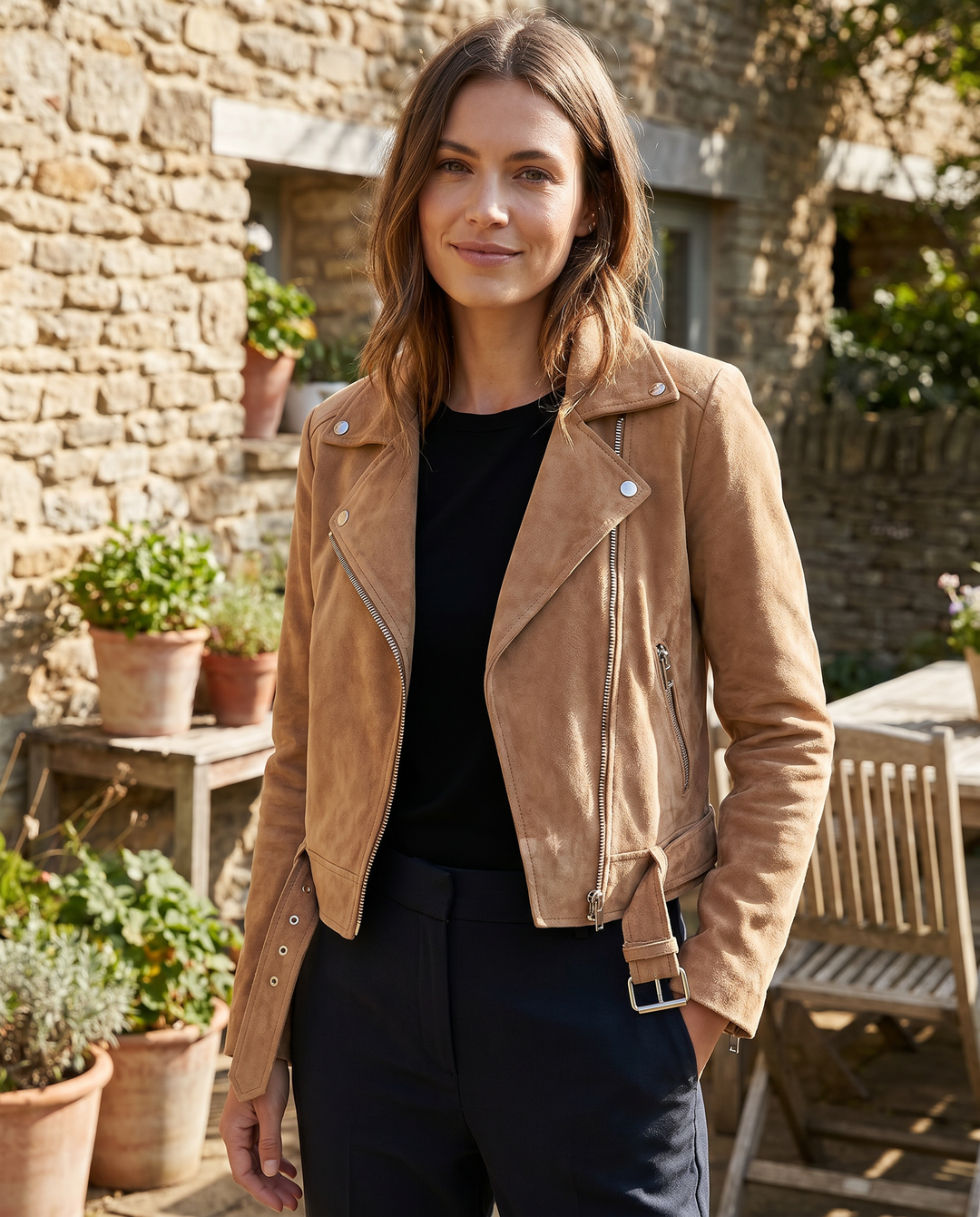 Stylish women's zip-up biker jacket, perfect slim-fit outerwear for a modern fashion look.