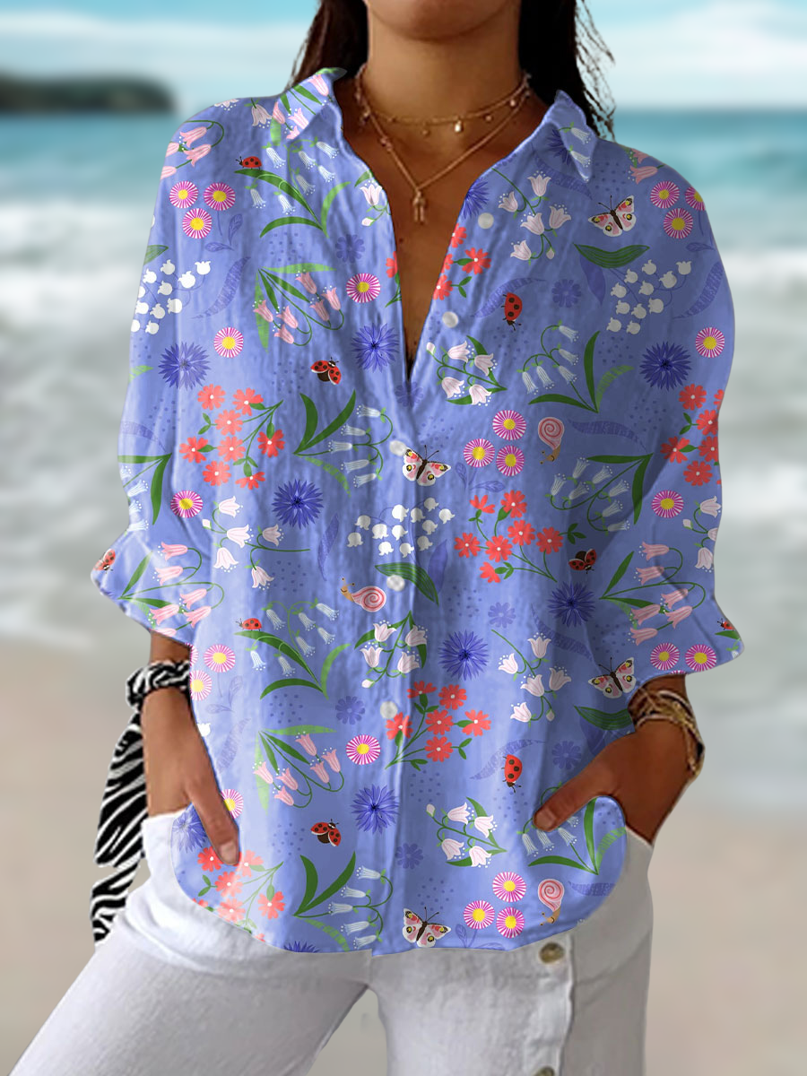 Women's Bloom Meadow Blouse: elegant floral print, short sleeve, loose fit. Perfect for spring & summer casual style.