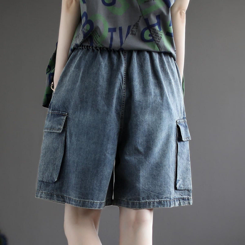 Stylish women's black denim cargo jorts, featuring wide leg and relaxed fit for utility fashion.
