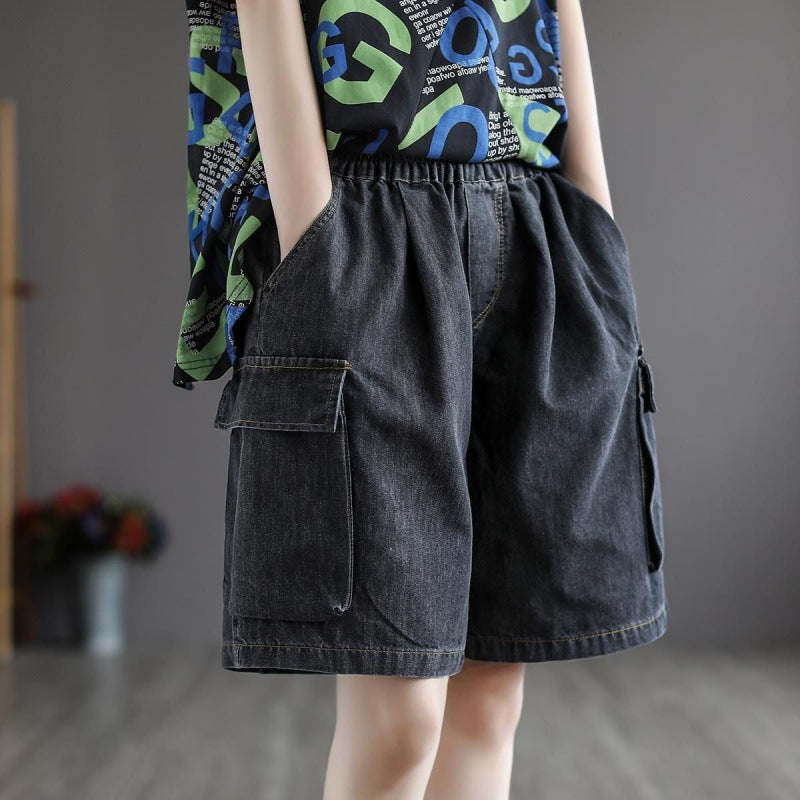 Casual women's blue denim wide leg cargo jorts, perfect for a relaxed and trendy summer style.